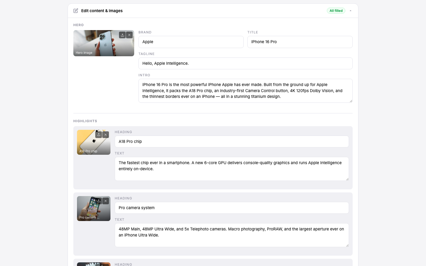Content editor panel with every field editable — brand, title, tagline, intro, and each highlight image and text