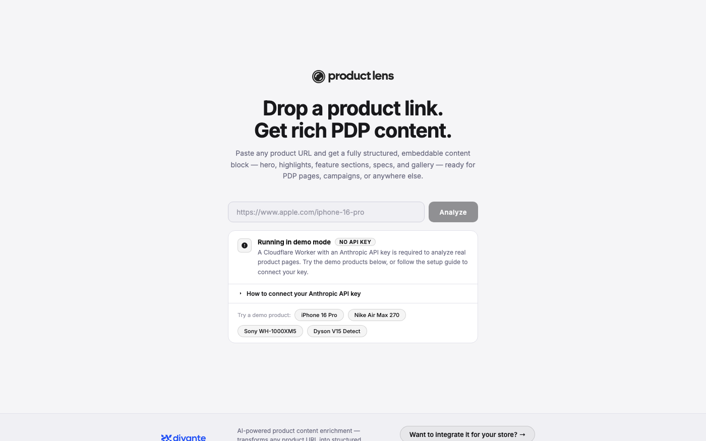 Product Lens landing screen, paste-a-URL input with demo product chips