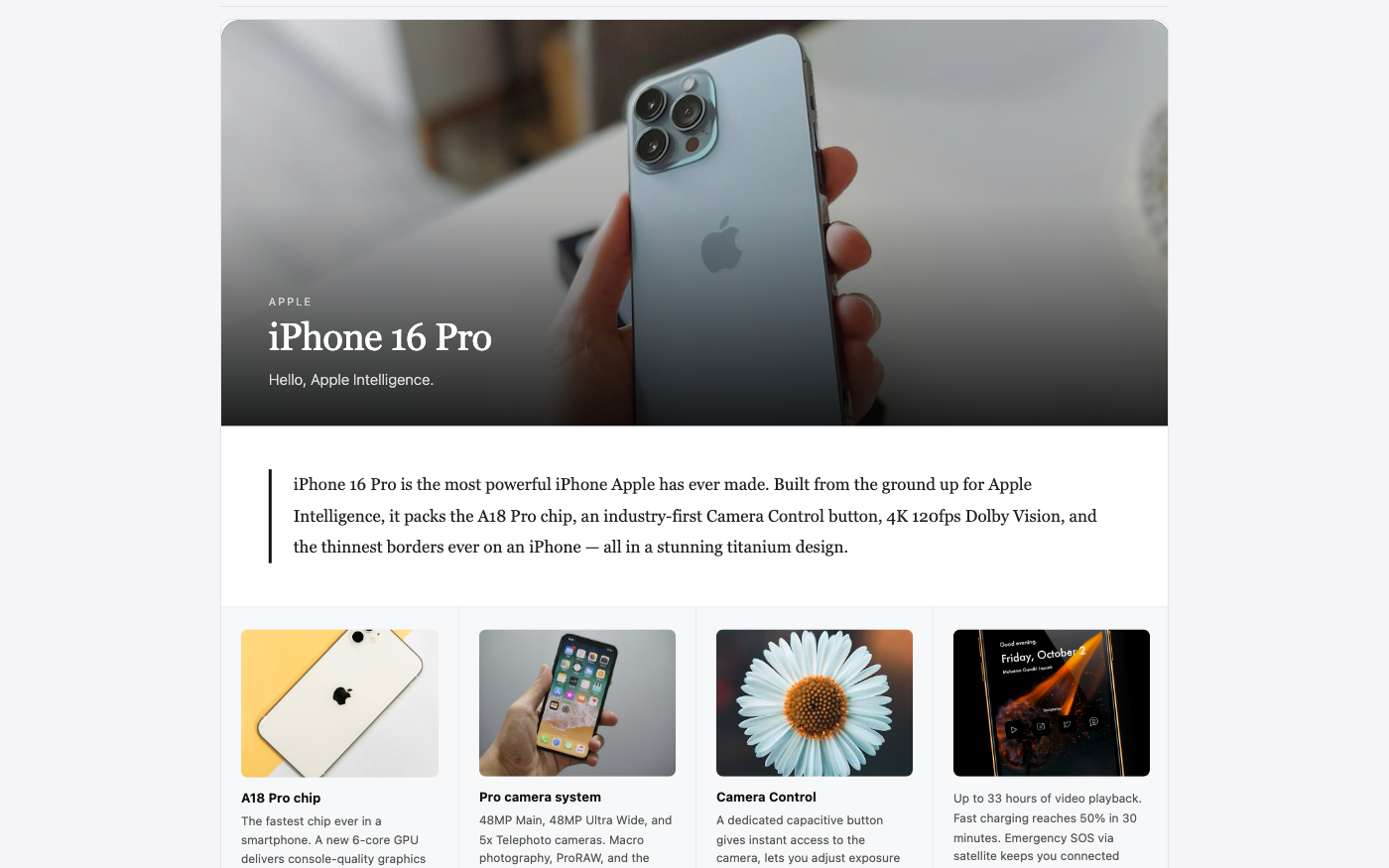 Generated iPhone 16 Pro content block showing highlight callouts and feature sections with real photography